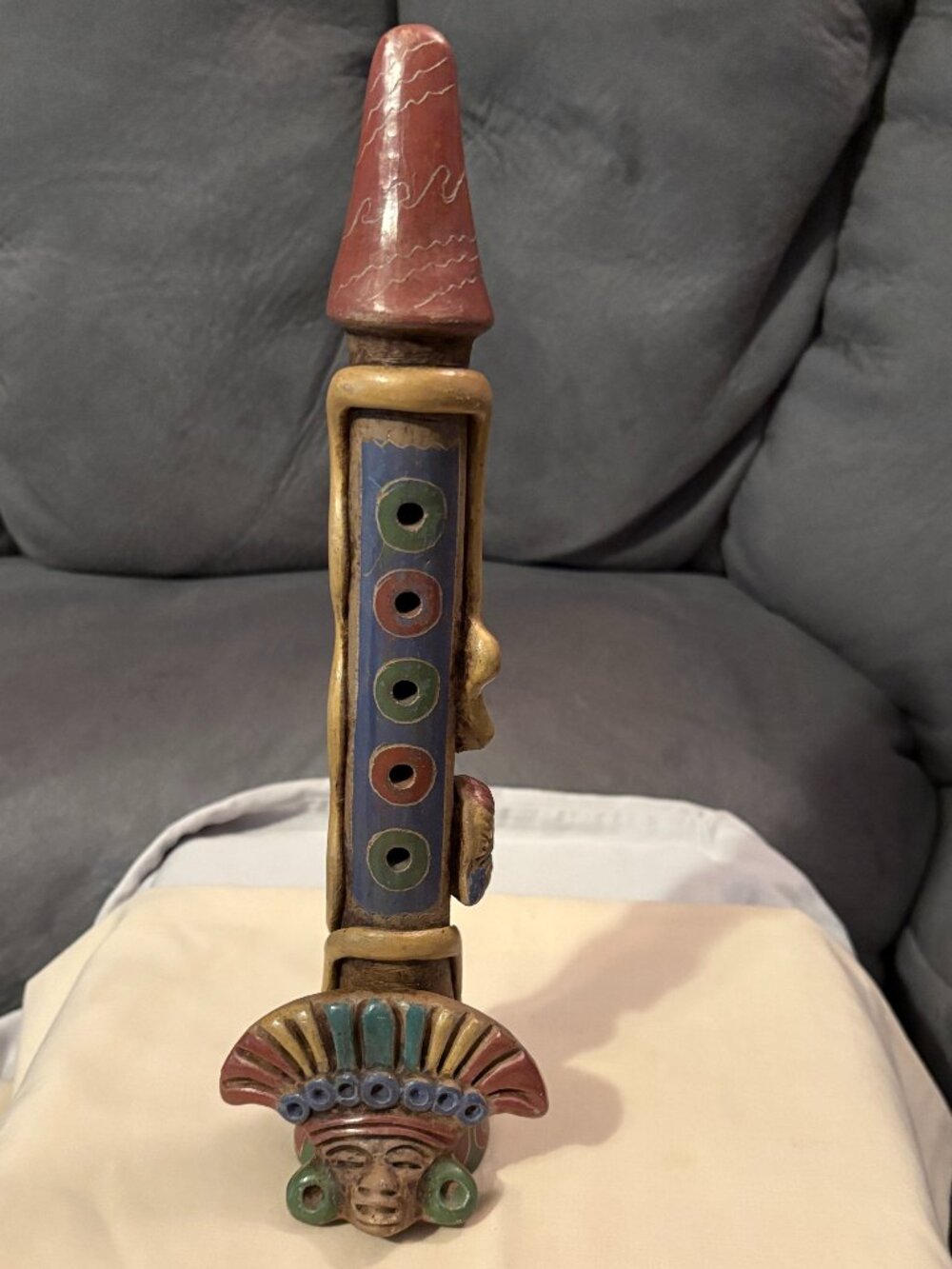 VTG 1980's Mayan Style Pottery Flute/Whistle Warriors w/Snake-Mexico-11"-EUC